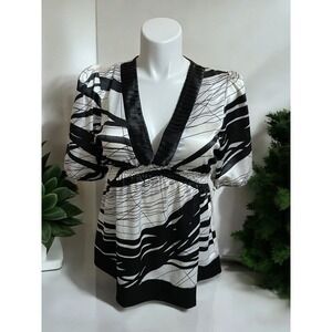 Vertigo Paris Black White Needle Stripe‎ V-Neck Empire Waist Tunic Blouse XL NWT